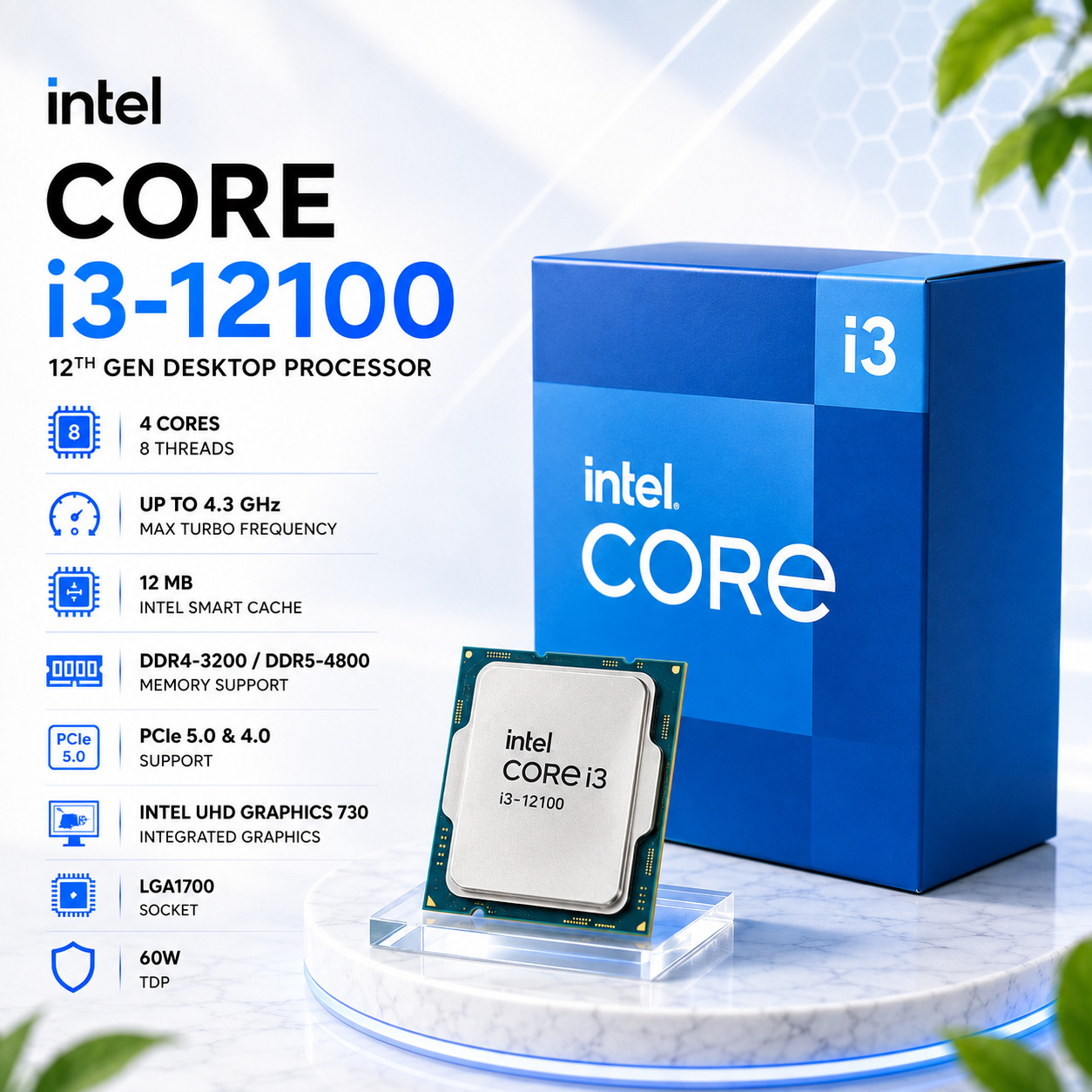 Intel Core i3-12100 Desktop Processor | 4 yadro 8 oqim | LGA1700