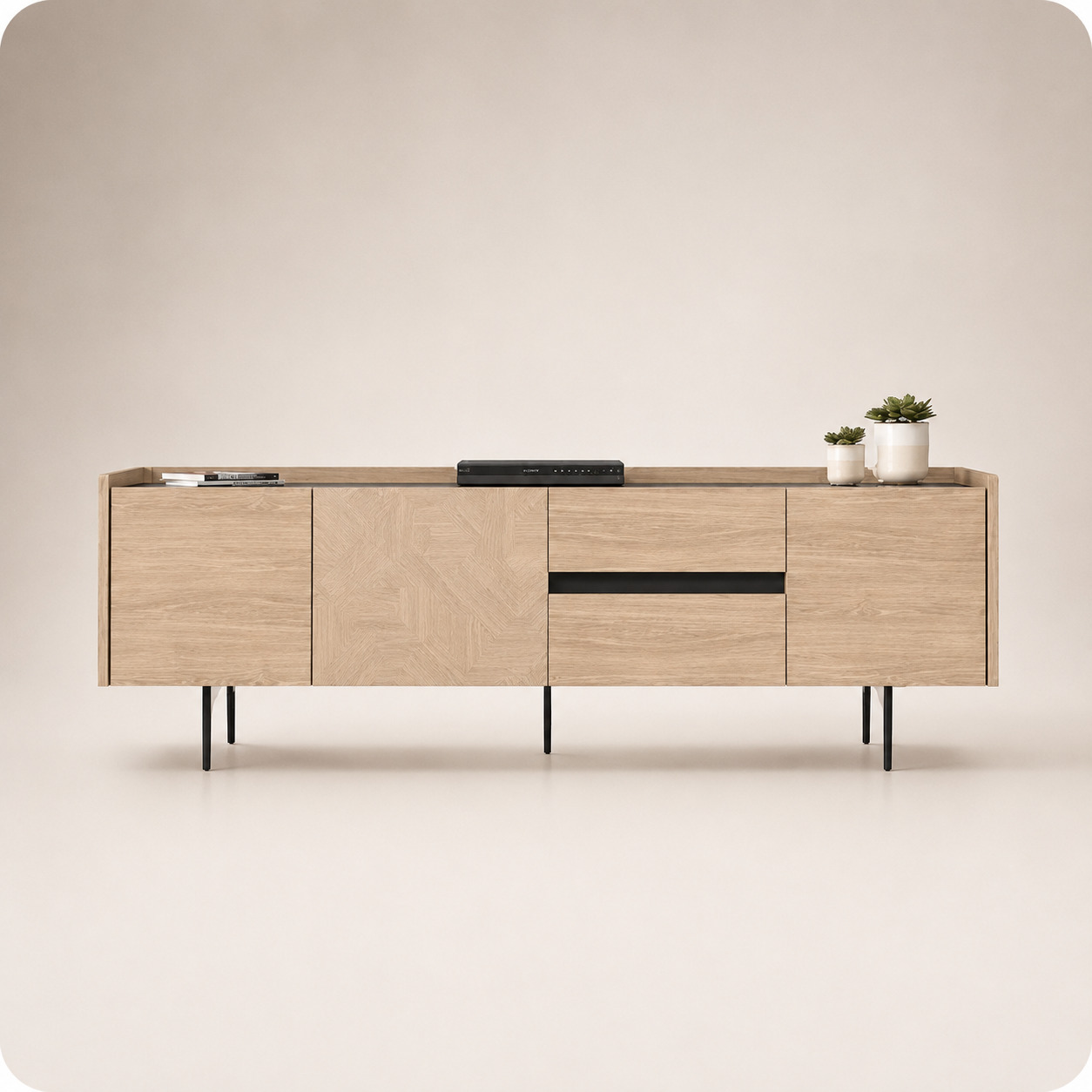 Sideboard tumba – 3 eshik va 2 tortma, marketri fasad, och dub (220×45×75 sm)