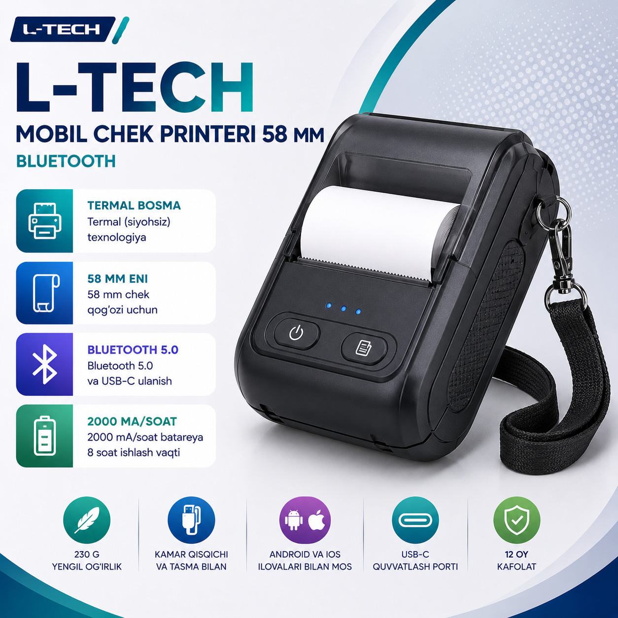 L-TECH Mobil Chek Printeri 58 mm | Bluetooth