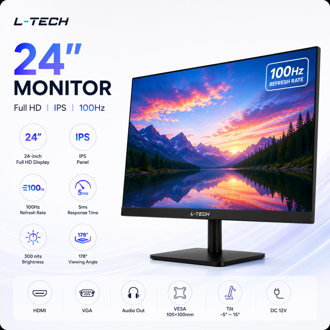 L-TECH Monitor 24 inch Full HD  100Hz IPS | Ultra Slim | HDMI