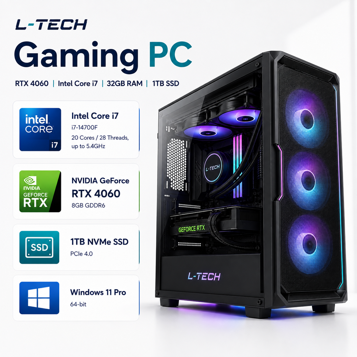 L-TECH Gaming PC | O`yin uchun Kompyuter | RTX 4060  Intel Core i7 | 32GB RAM | 1TB SSD