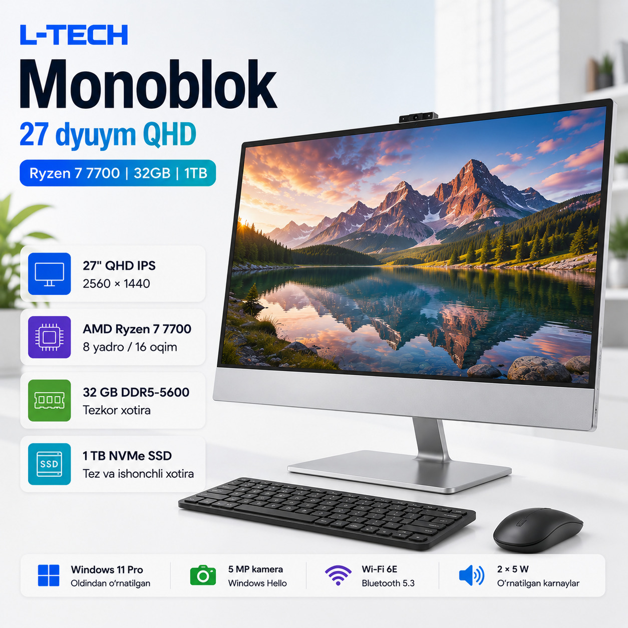 L-TECH Monoblok 27 dyuym QHD | Ryzen 7 7700 | 32GB | 1TB