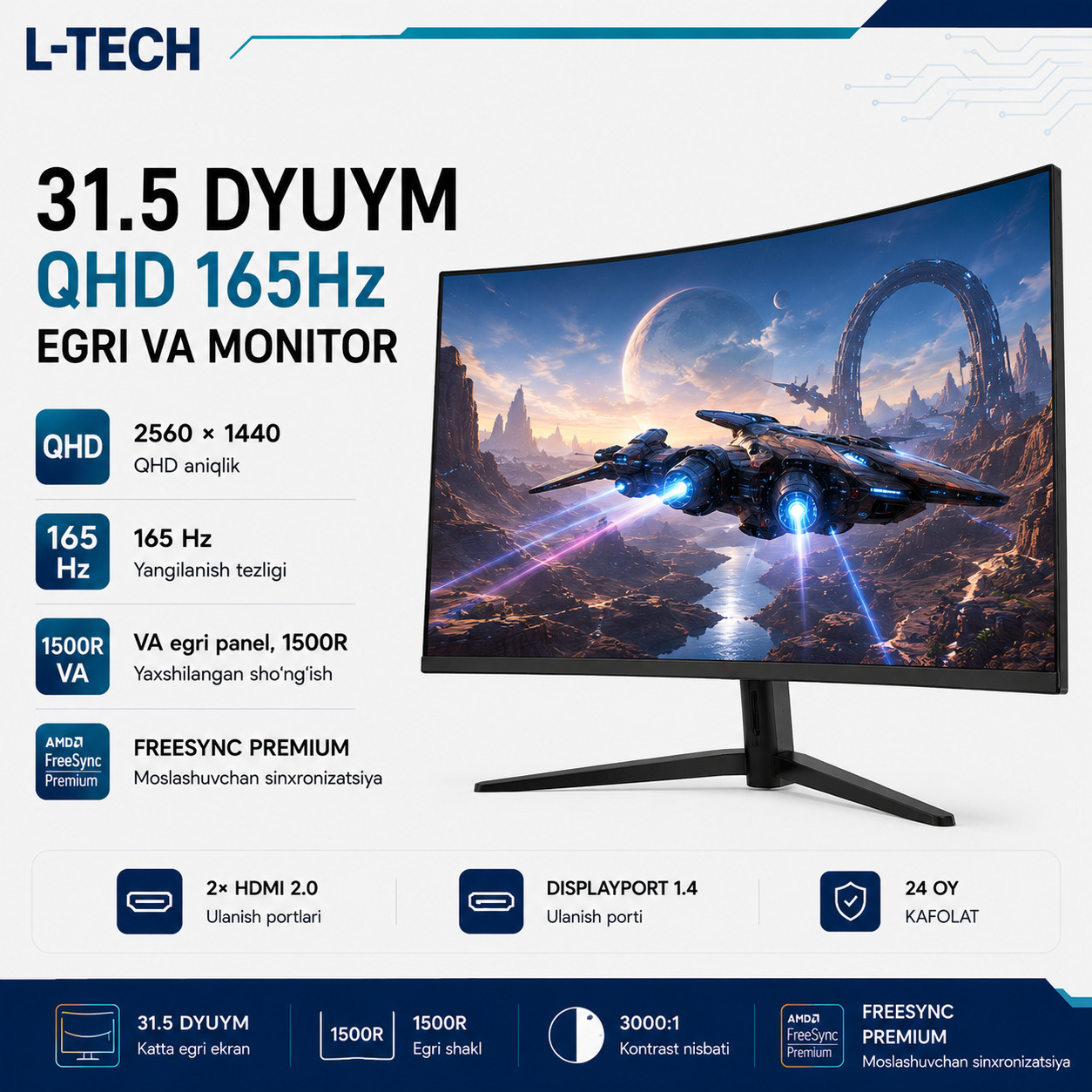 L-TECH 31.5 dyuym QHD 165Hz Egri VA Monitor