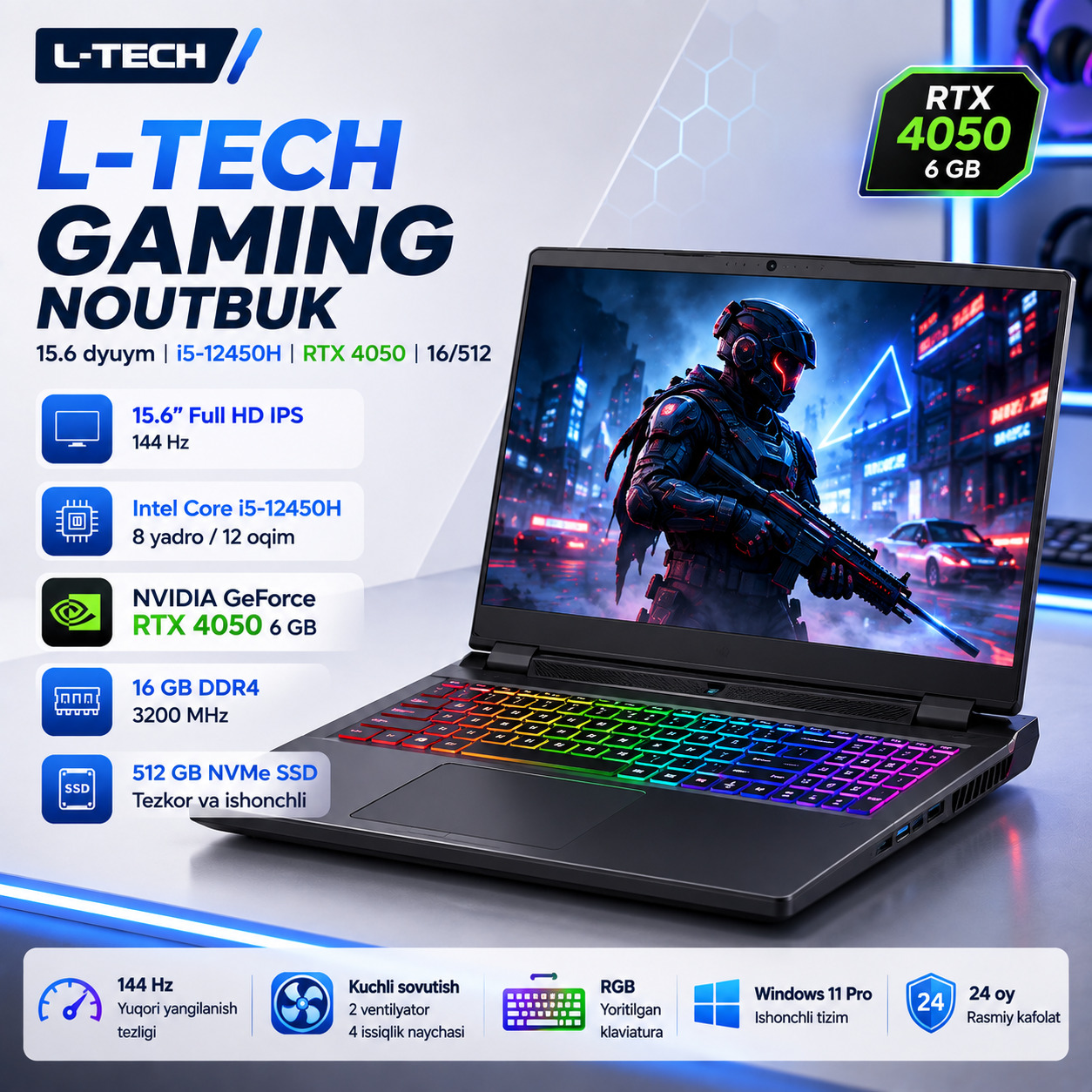 L-TECH Gaming Noutbuk 15.6 dyuym | i5-12450H + RTX 4050 | 16/512