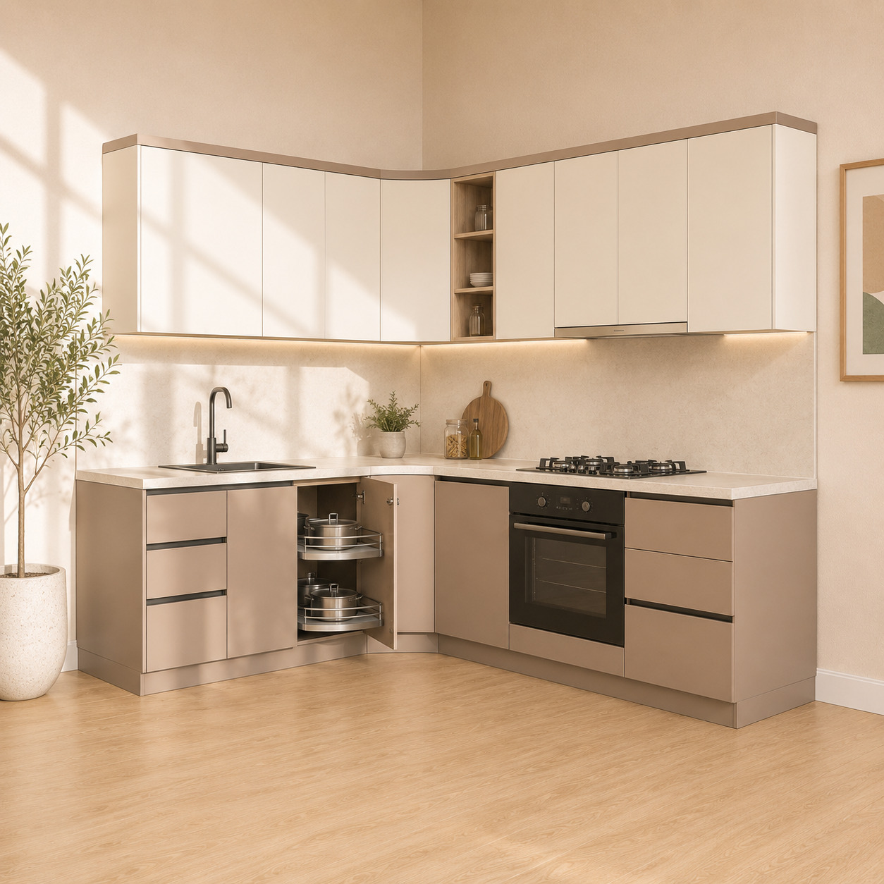 Oshxona garnituri – burchakli «G» shaklli, 2,4×1,8 m, kapuchino (240×180×215 sm)