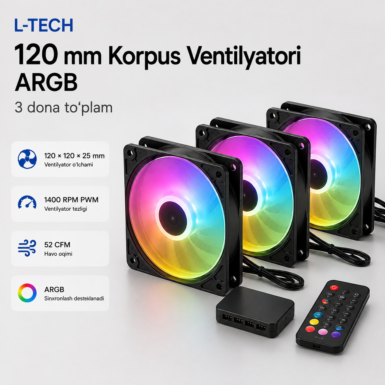 L-TECH Korpus Ventilyatori 120 mm ARGB | 3 dona to‘plam