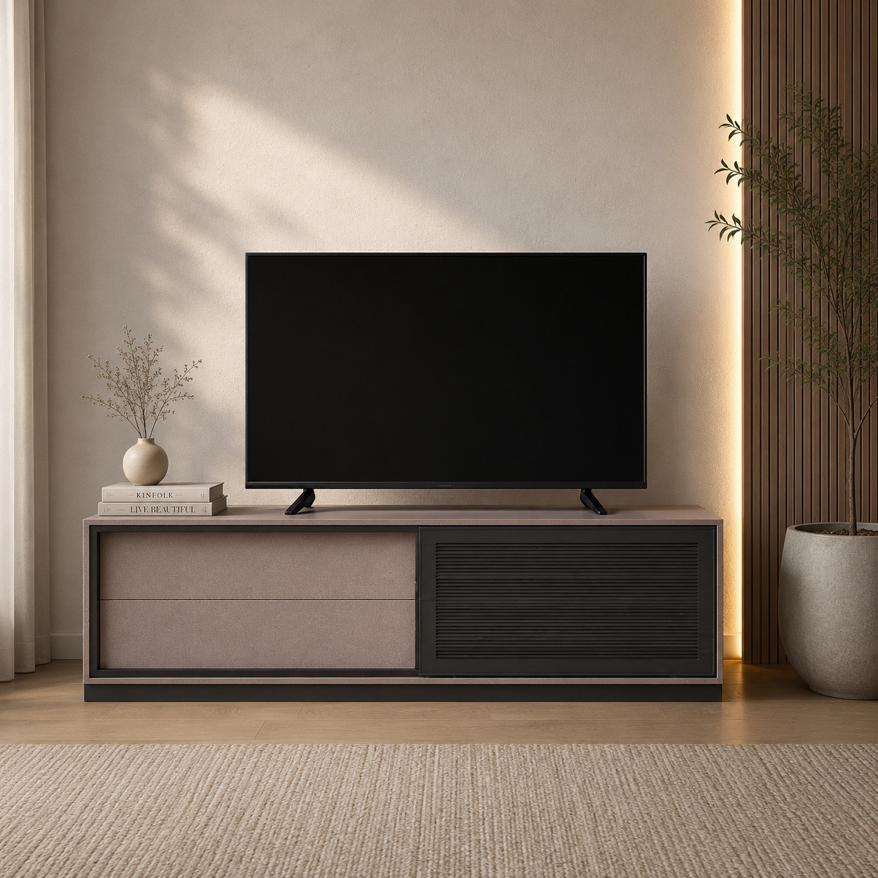 TV tumba – 2 tortma va rifleniy surma eshik, podium asos (180×40×50 sm)
