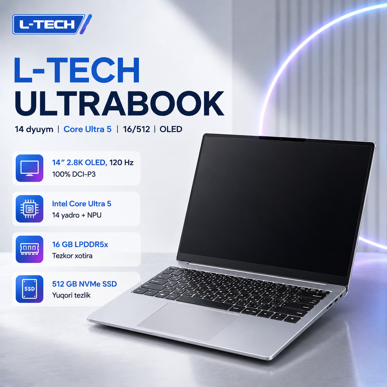 L-TECH Ultrabook 14 dyuym | Core Ultra 5 | 16/512 | OLED