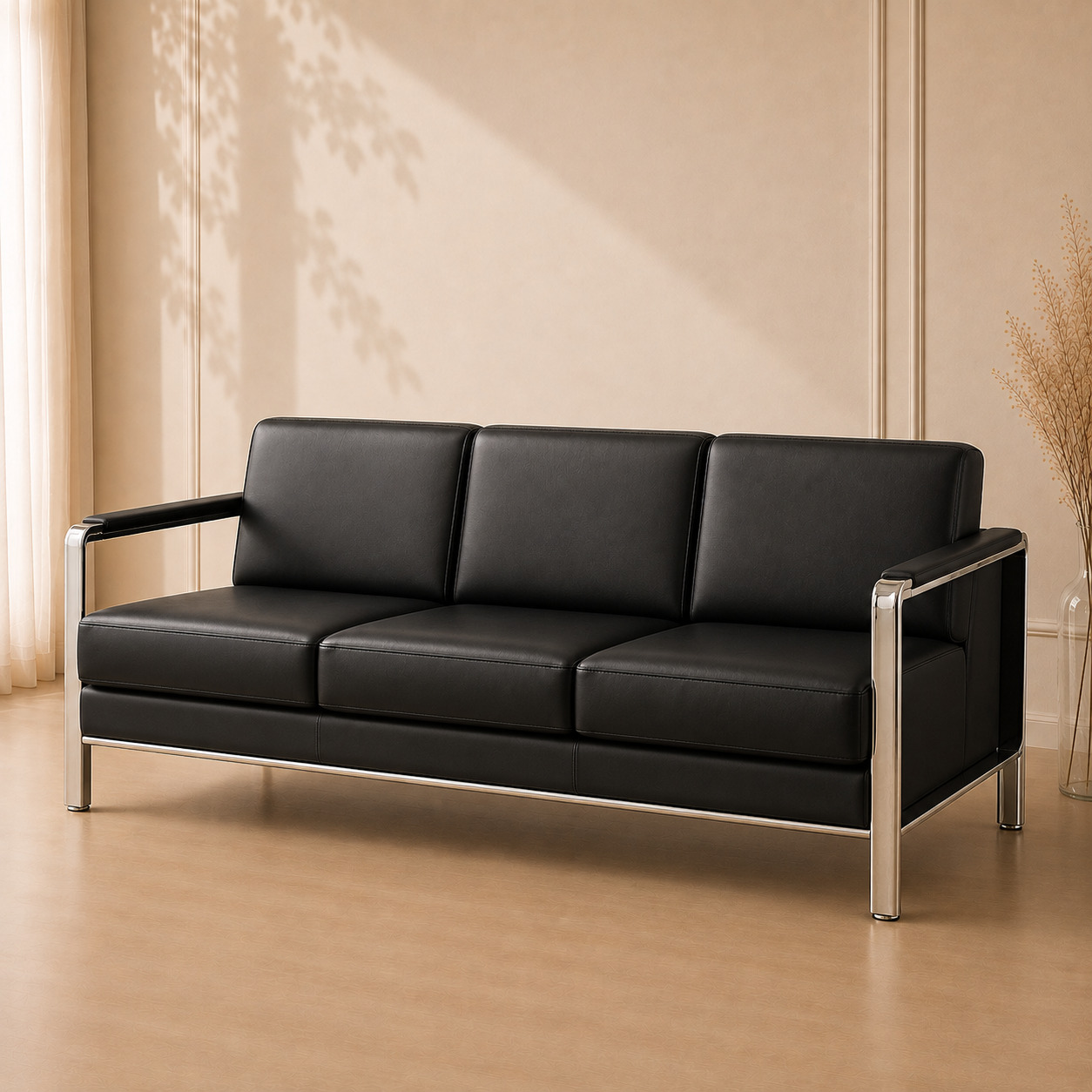 Ofis divani – 3 kishilik, ekoteri, qora + xrom (200×80×78 sm)