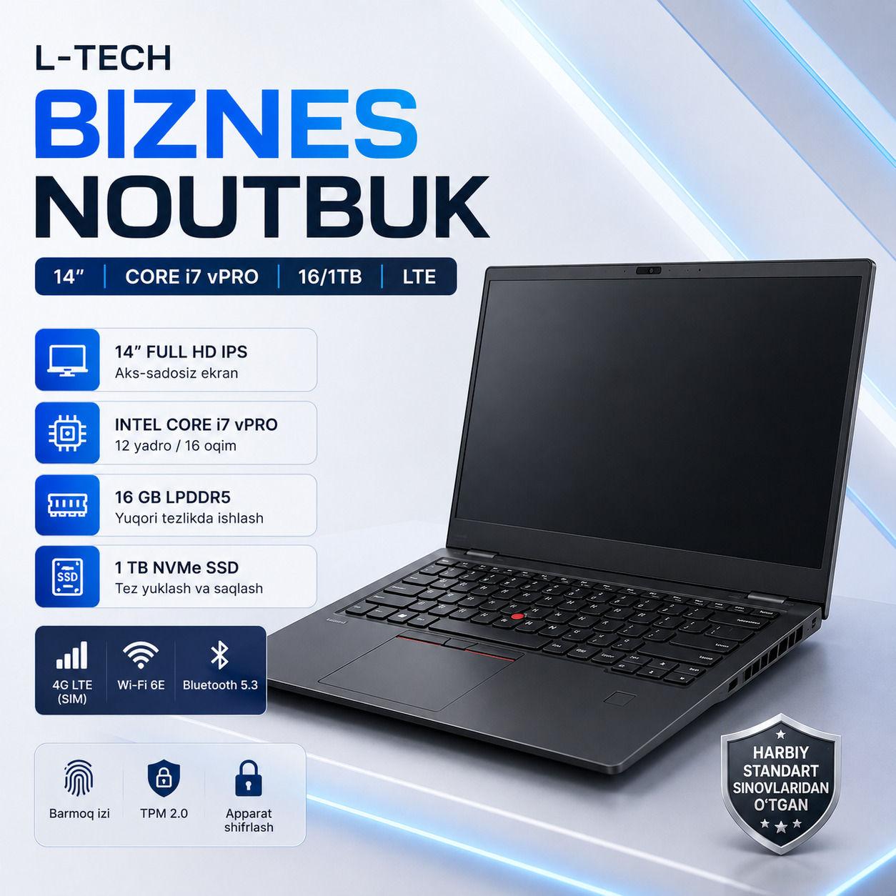 L-TECH Biznes Noutbuk 14 dyuym | Core i7 vPro | 16/1TB | LTE