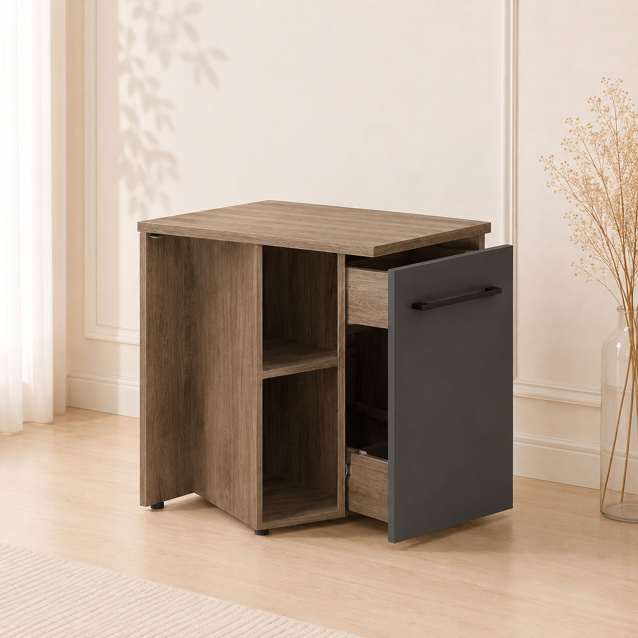 Ofis shkafi – 1 grafit eshikli, 2 polka va 2 tortmali, to‘q dub (80×45×80 sm)
