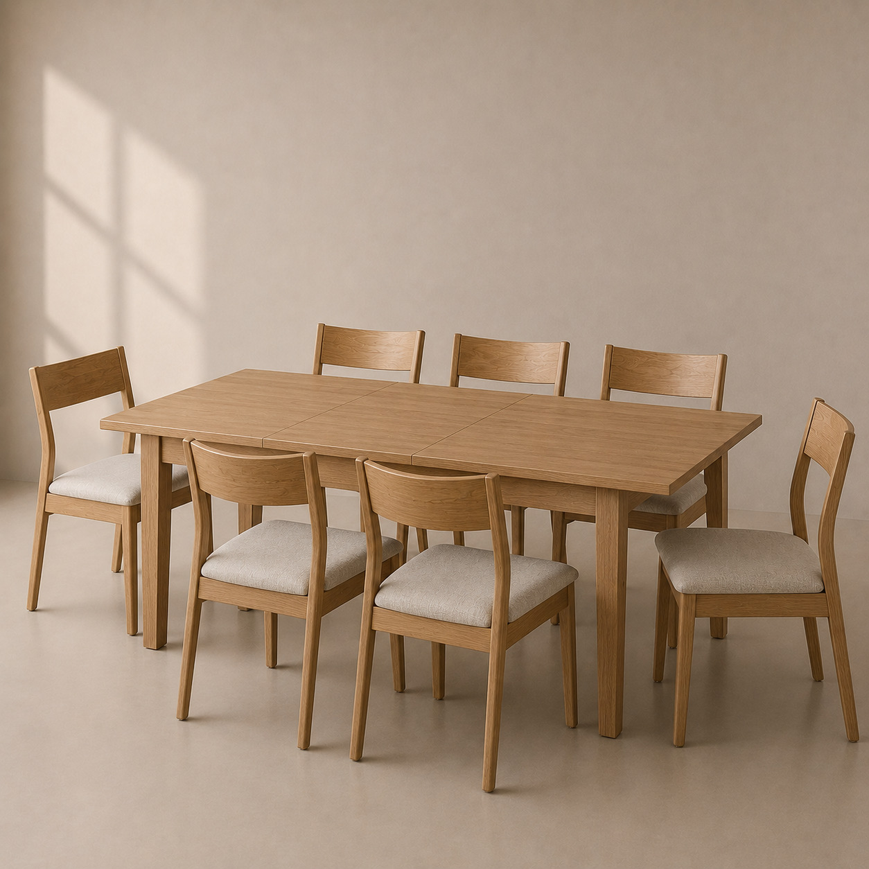 Ovqat guruhi – yoyiladigan stol va 6 stul, dub + bej (stol 140–180×80×75 sm)