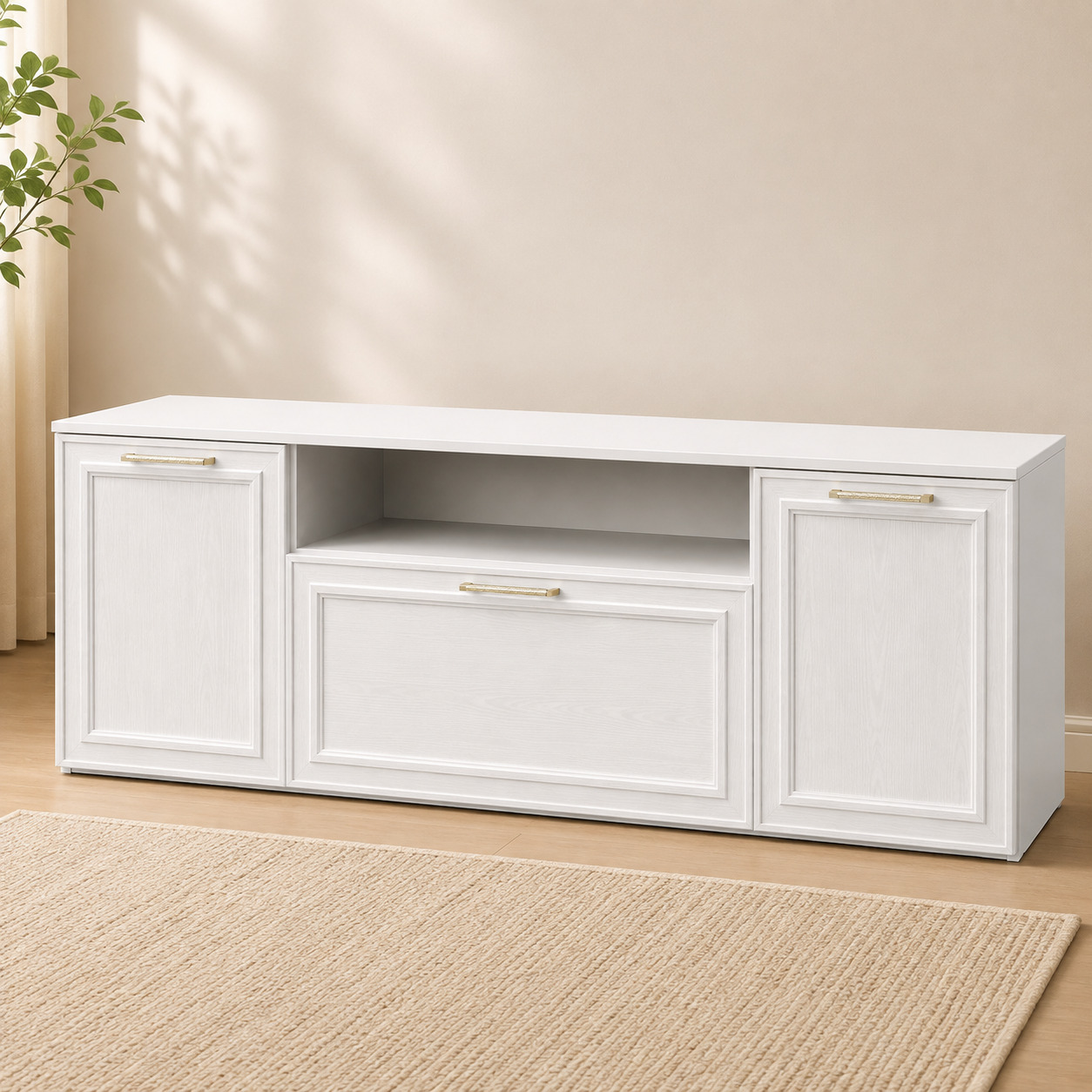 TV tumba – 2 klapan eshik, ochiq nisha va tortmali, oq klassik freza fasad (180×40×55 sm)