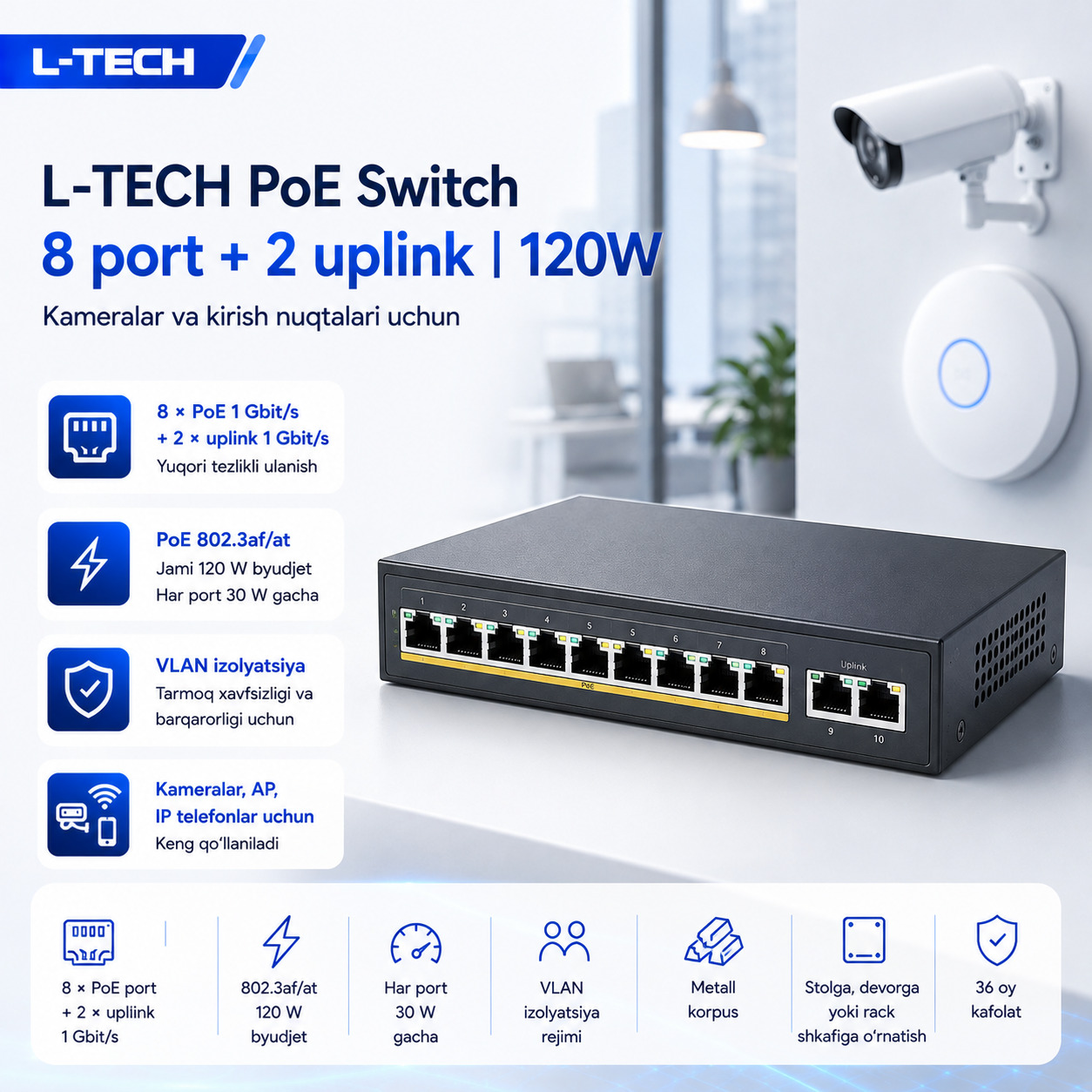 L-TECH PoE Switch 8 port + 2 uplink | 120W