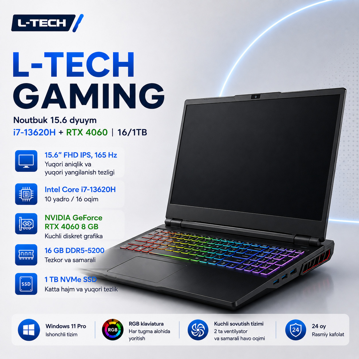 L-TECH Gaming Noutbuk 15.6 dyuym | i7-13620H + RTX 4060 | 16/1TB
