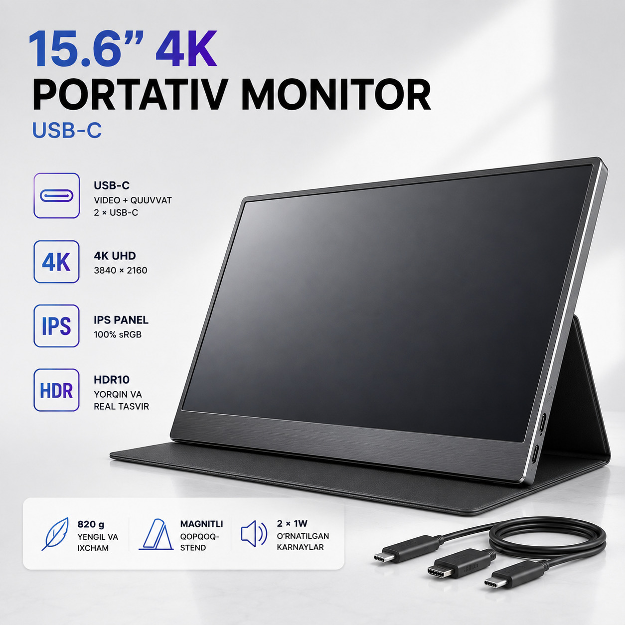 L-TECH 15.6 dyuym 4K Portativ Monitor | USB-C