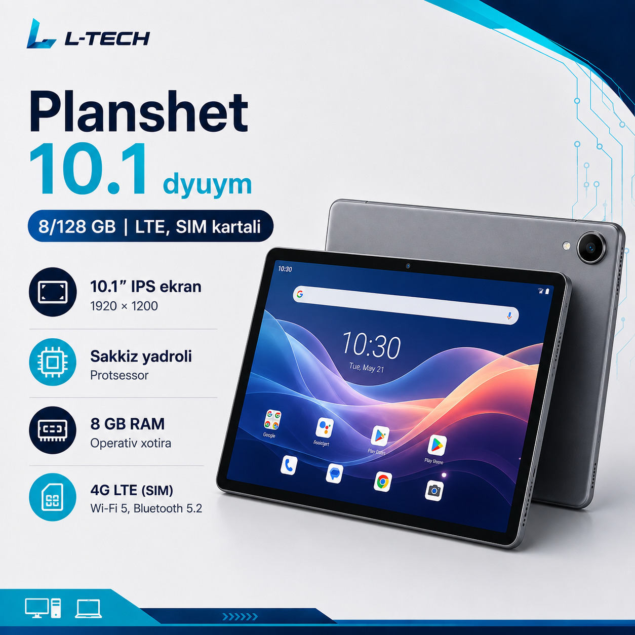 L-TECH Planshet 10.1 dyuym | 8/128 GB | LTE, SIM kartali
