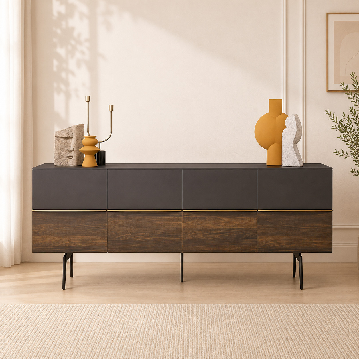 Sideboard tumba – 4 eshik va 4 tortma, oltin chiziqli, qora va yong‘oq (180×40×85 sm)