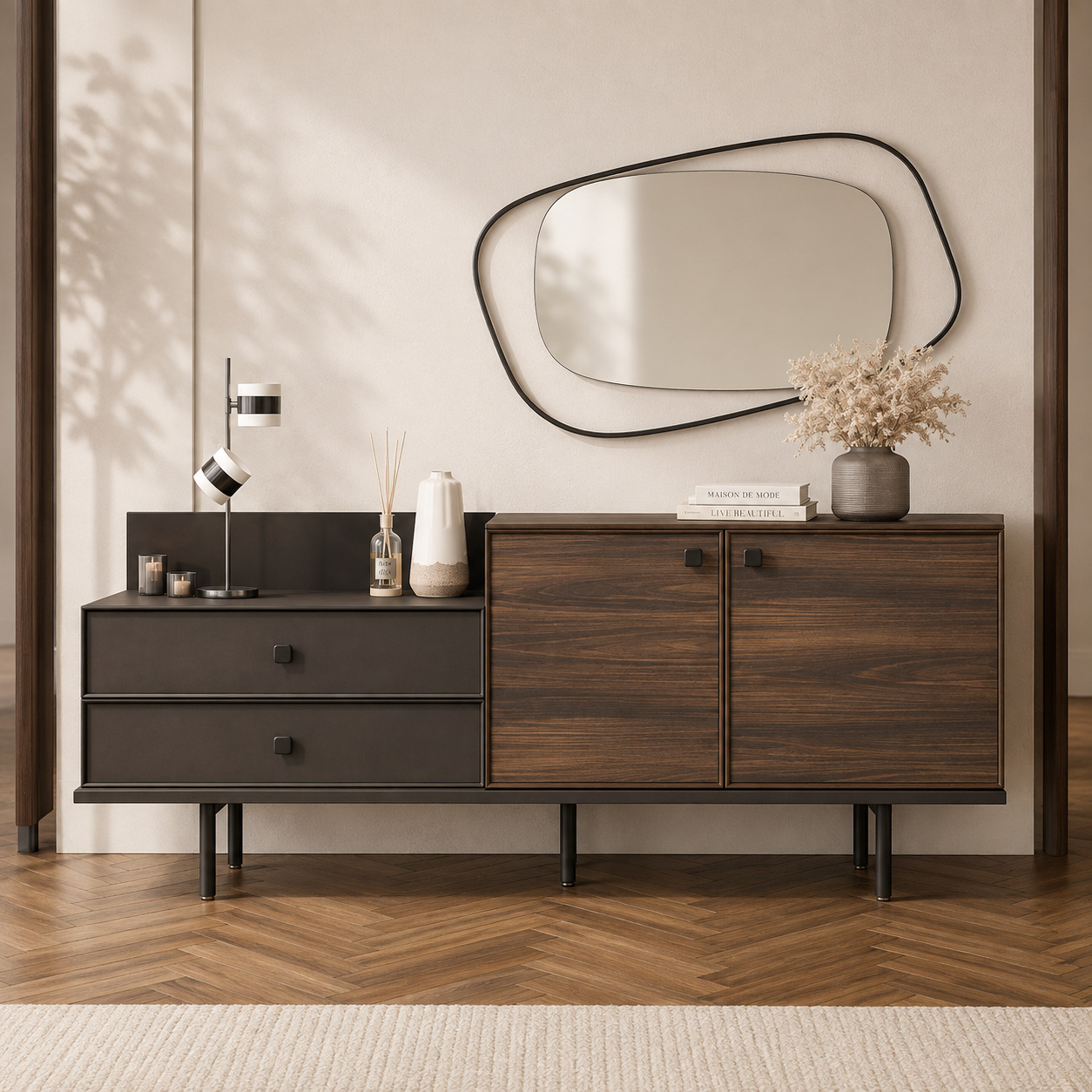Dahliz tumbasi – 2 tortma, orqa panel va 2 eshikli shkaf, qora/yong‘oq (200×40×85 sm)