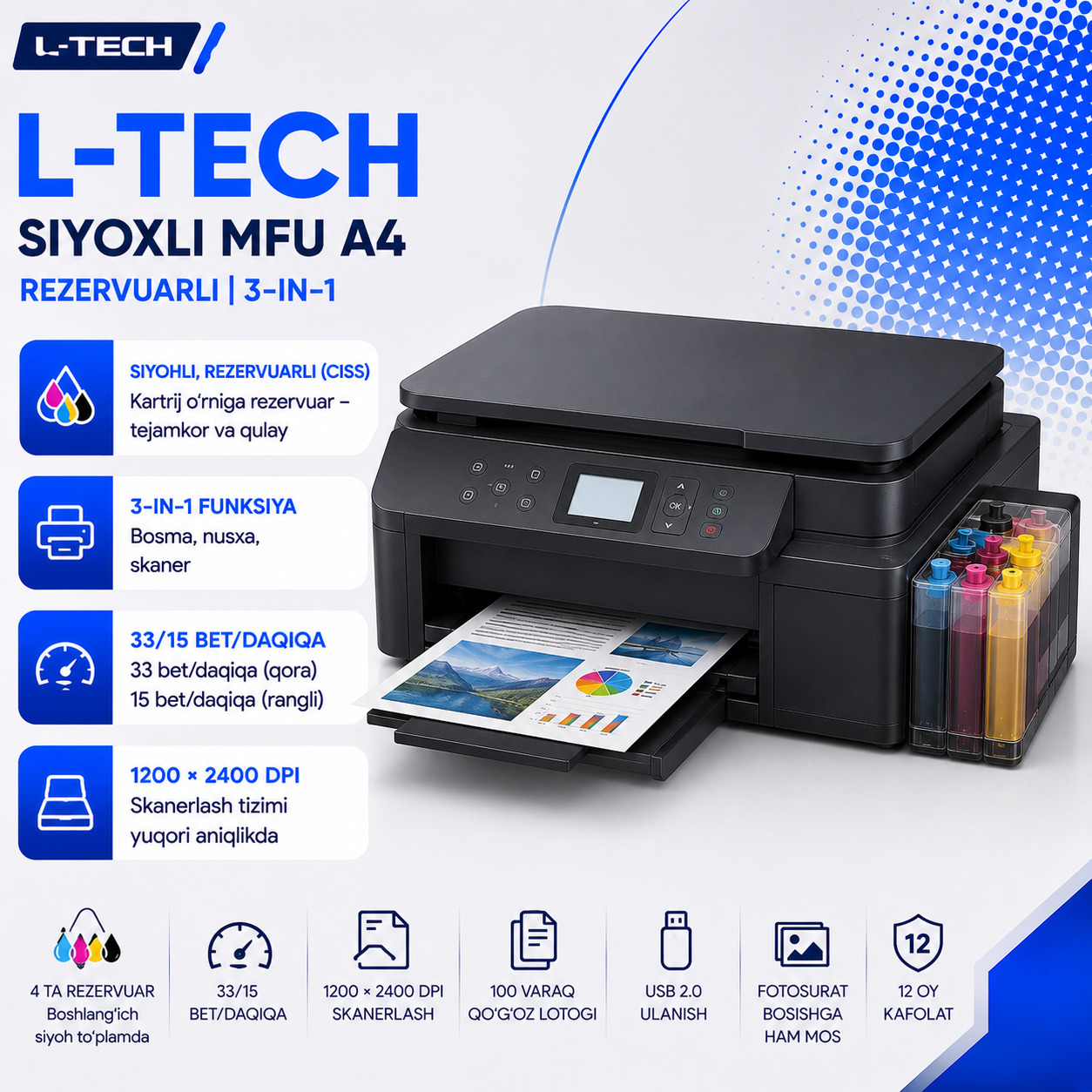 L-TECH Siyohli MFU A4 | rezervuarli | 3-in-1