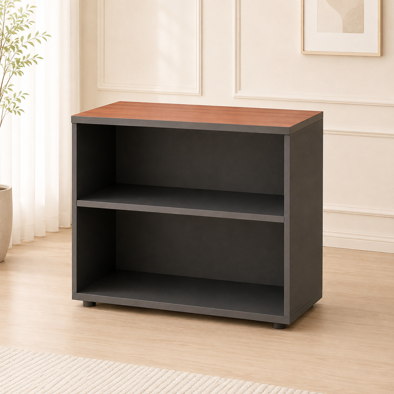 Ofis stellaji – ochiq, 2 polkali, grafit korpus va gilos ustki panel (80×45×75 sm)