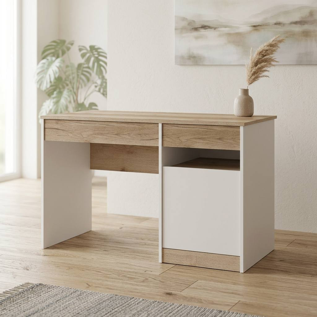 Dars va ish stoli «Fyuzhn» – 2 tortmali, 1 tayanch (tumba), LDSP (59×75×120 sm)