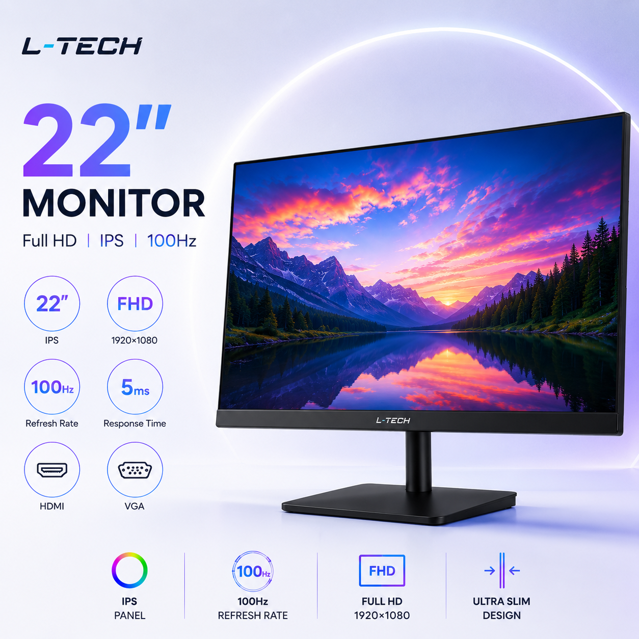 L-TECH Monitor 22 inch Full HD  100Hz IPS | Ultra Slim | HDMI