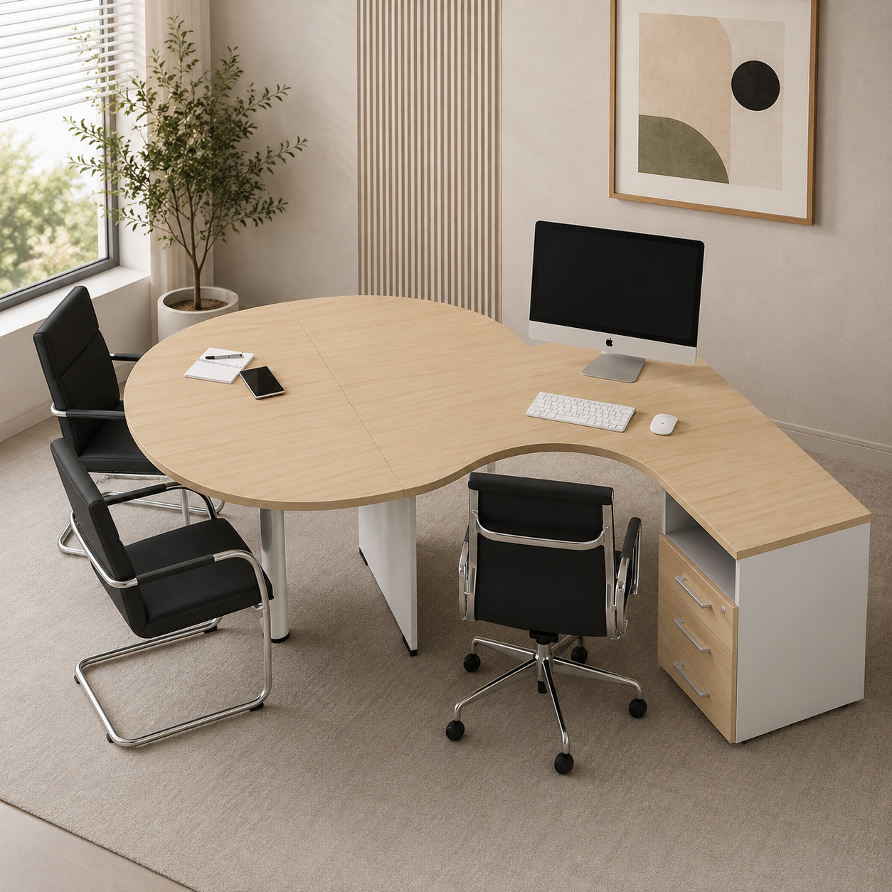Ofis ish o‘rni to‘plami – burchakli stol, muzokara qismi, tumba va 3 stul (stol 180×180×75 sm)