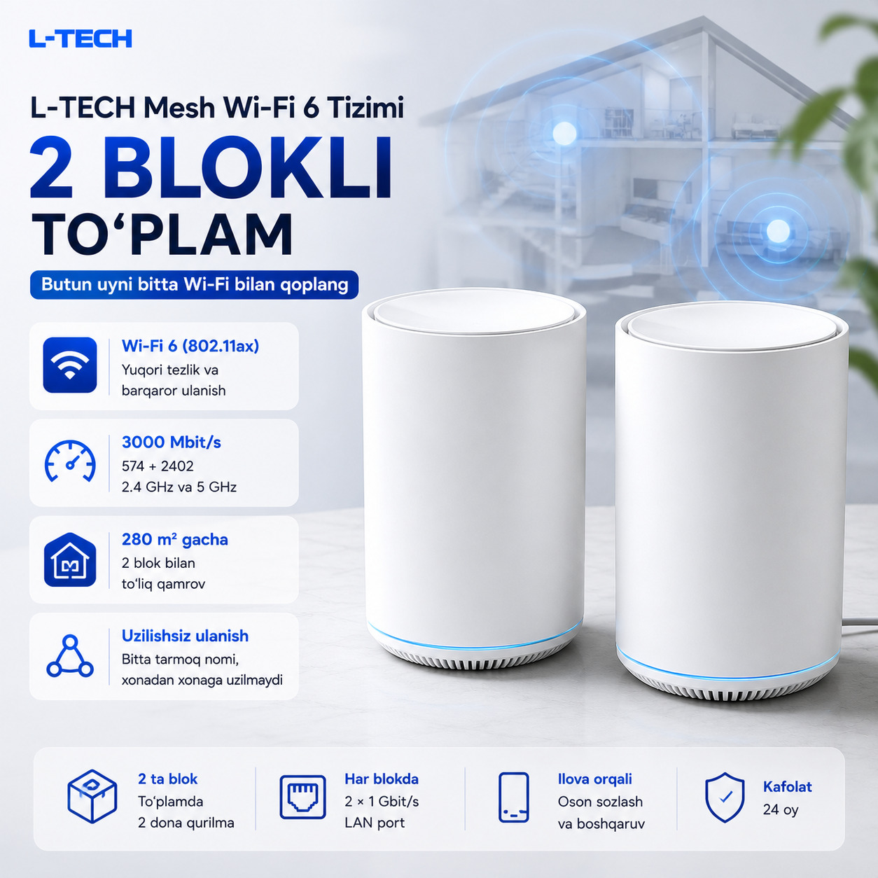 L-TECH Mesh Wi-Fi 6 Tizimi | 2 blokli to‘plam
