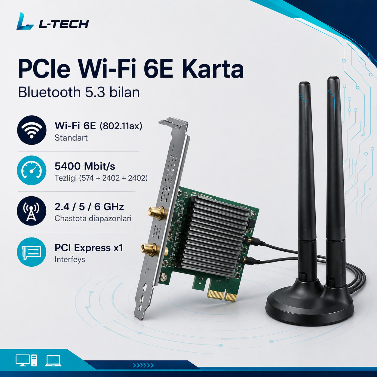 L-TECH PCIe Wi-Fi 6E Karta | Bluetooth 5.3 bilan