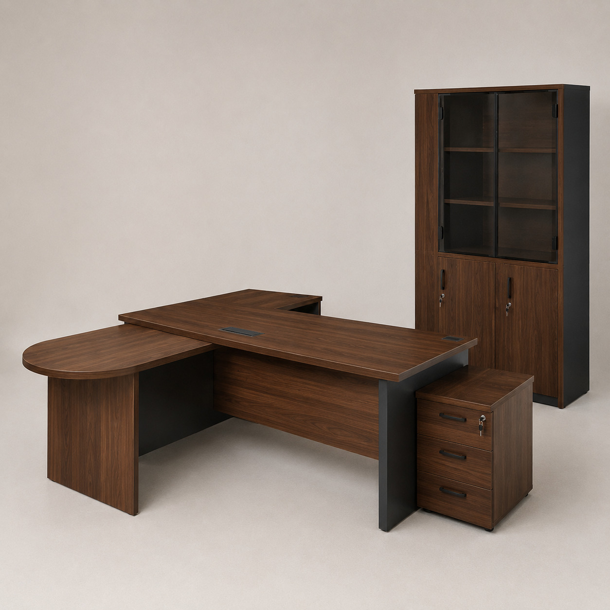 Ofis to‘plami – rahbar stoli, brifing pristavka, tumba va shkaf, yong‘oq (stol 180×90×76 sm)