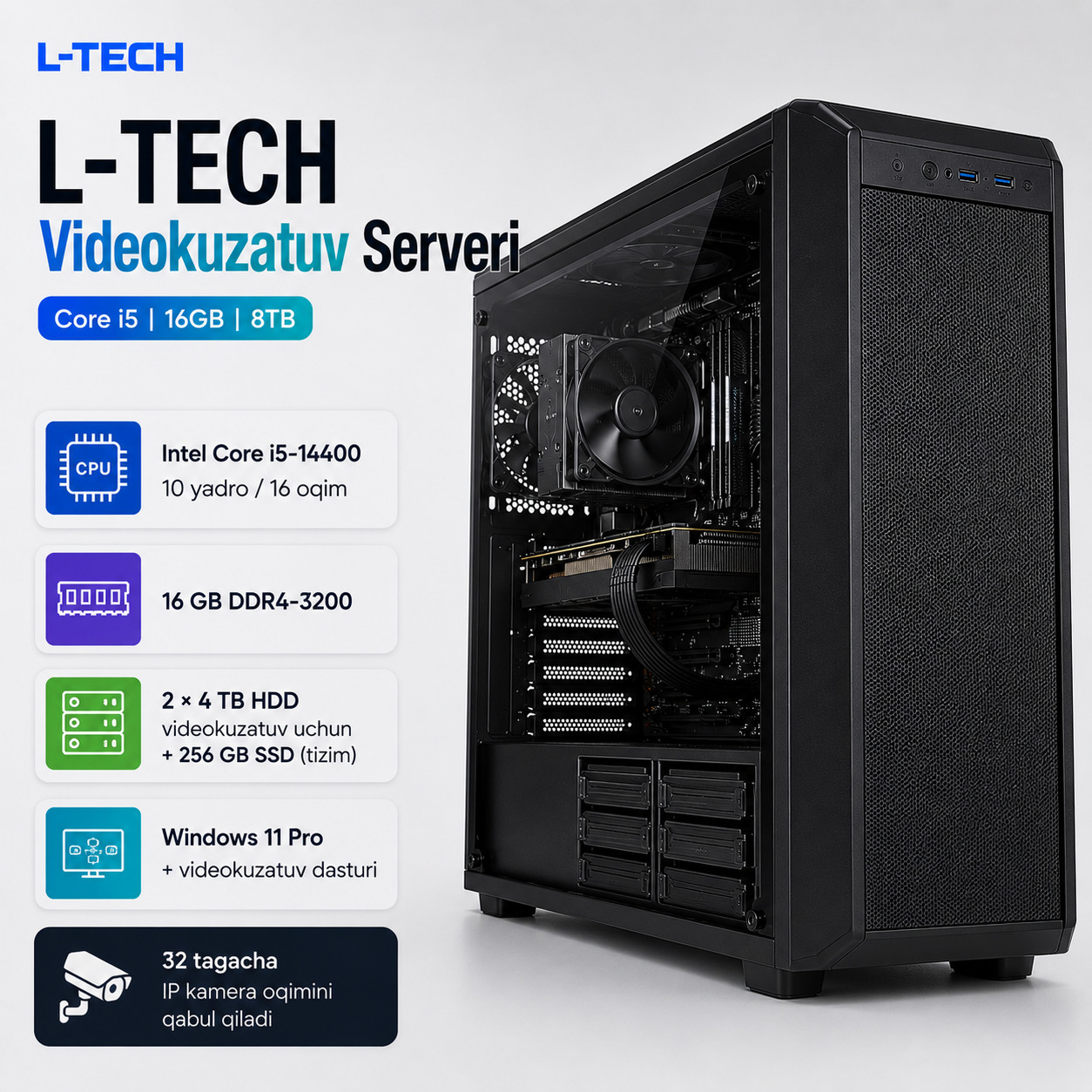 L-TECH Videokuzatuv Serveri | Core i5 | 16GB | 8TB