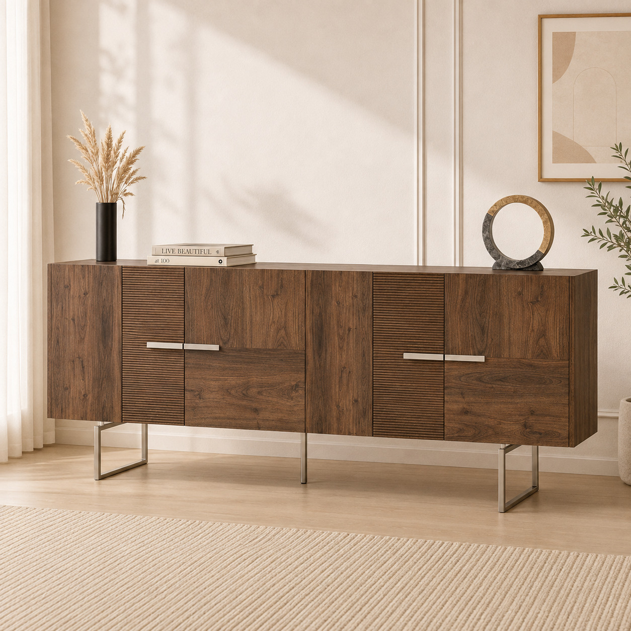Sideboard tumba – 6 bo‘limli, rifleniy fasadli, yong‘oq, xrom oyoqlar (220×45×80 sm)