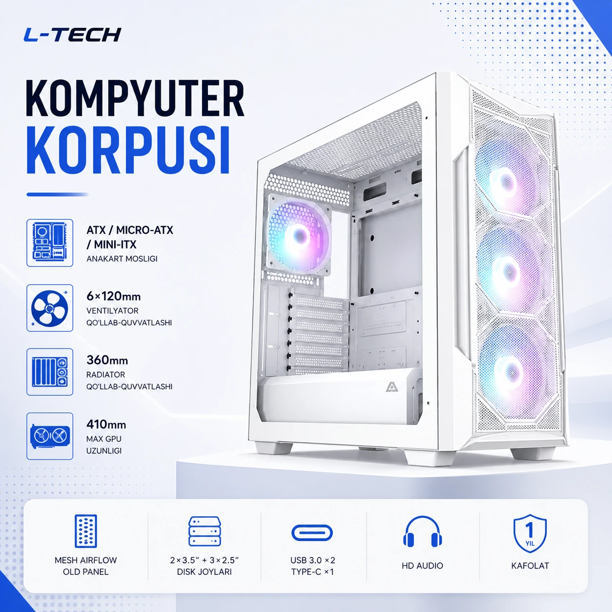 L-TECH Oq Rangli Gaming Kompyuter Korpusi