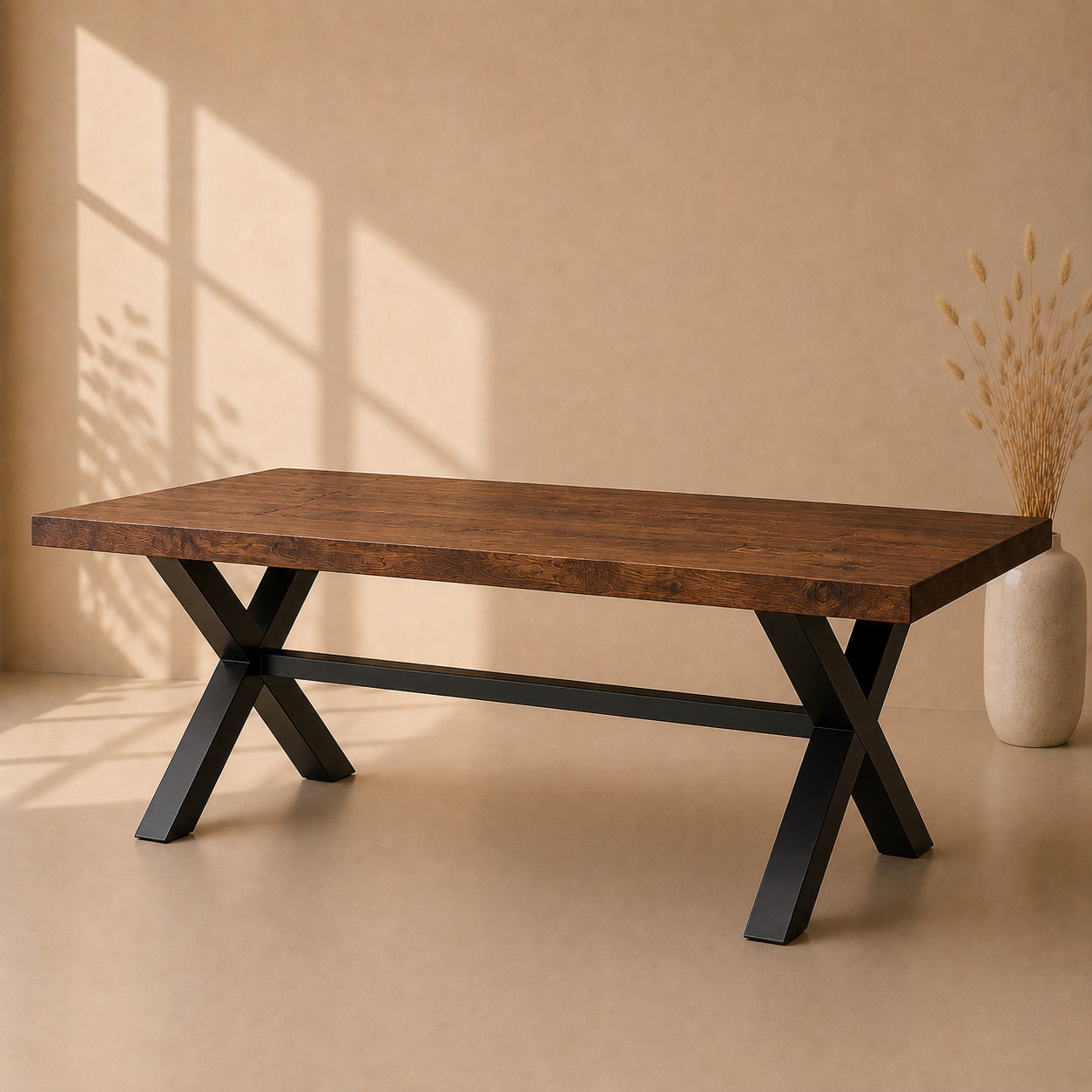Ovqat stoli – loft, massiv taxta, metall «X» oyoq (180×90×76 sm)