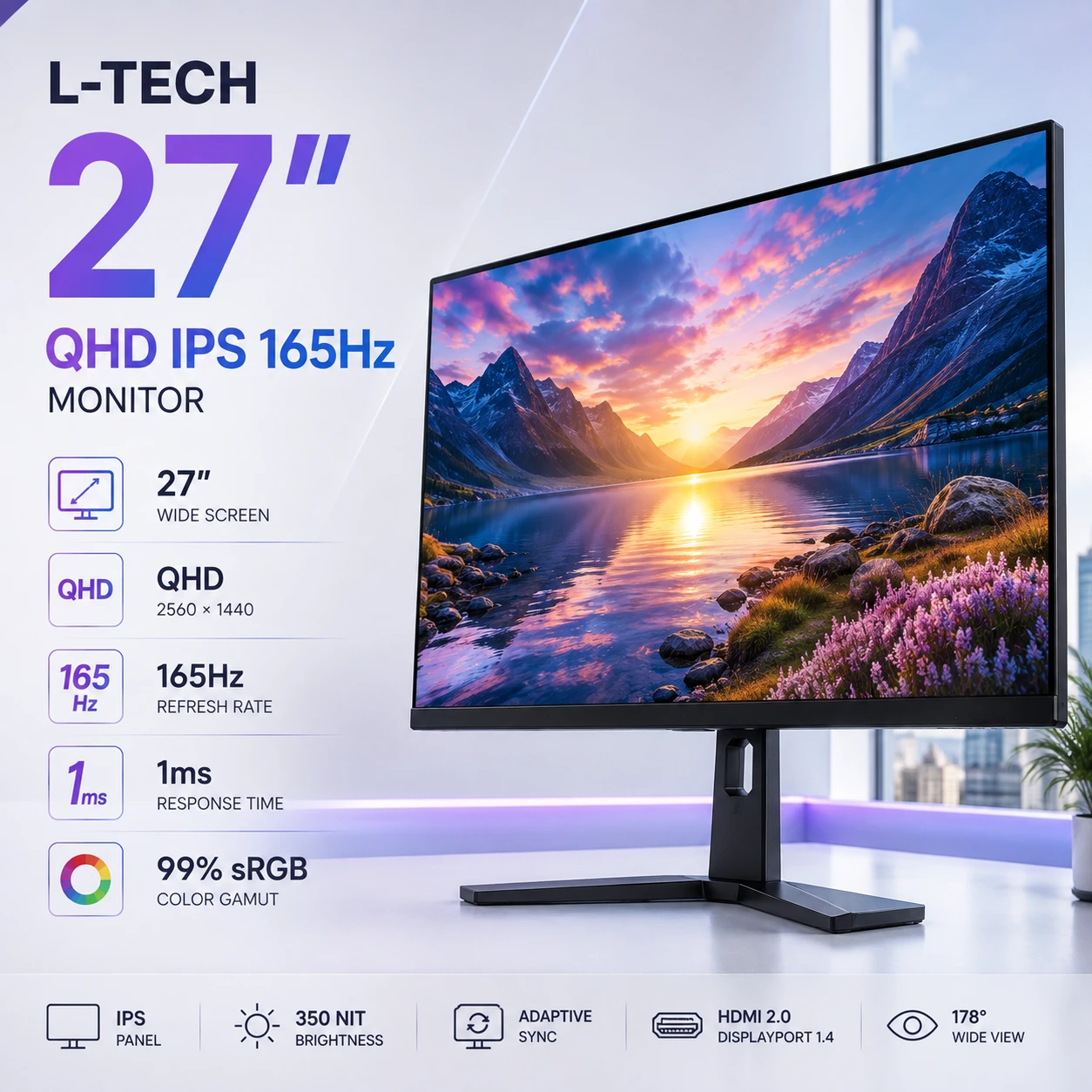 L-TECH 27 dyuym QHD IPS 165Hz Monitor | 27-inch QHD IPS 165Hz Monitor | Монитор 27 inch QHD IPS 165Hz