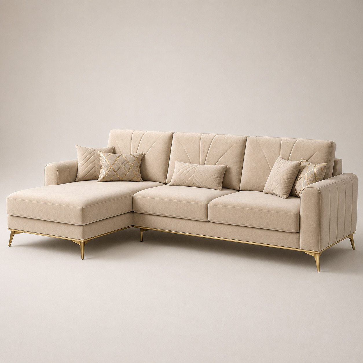 Burchakli divan – chap burchakli, bej velyur, oltin oyoqli (280×180×85 sm)