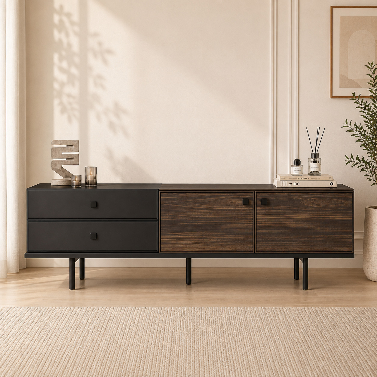 TV tumba – 2 tortma va 2 eshikli, qora korpus, yong‘oq fasad (200×40×60 sm)