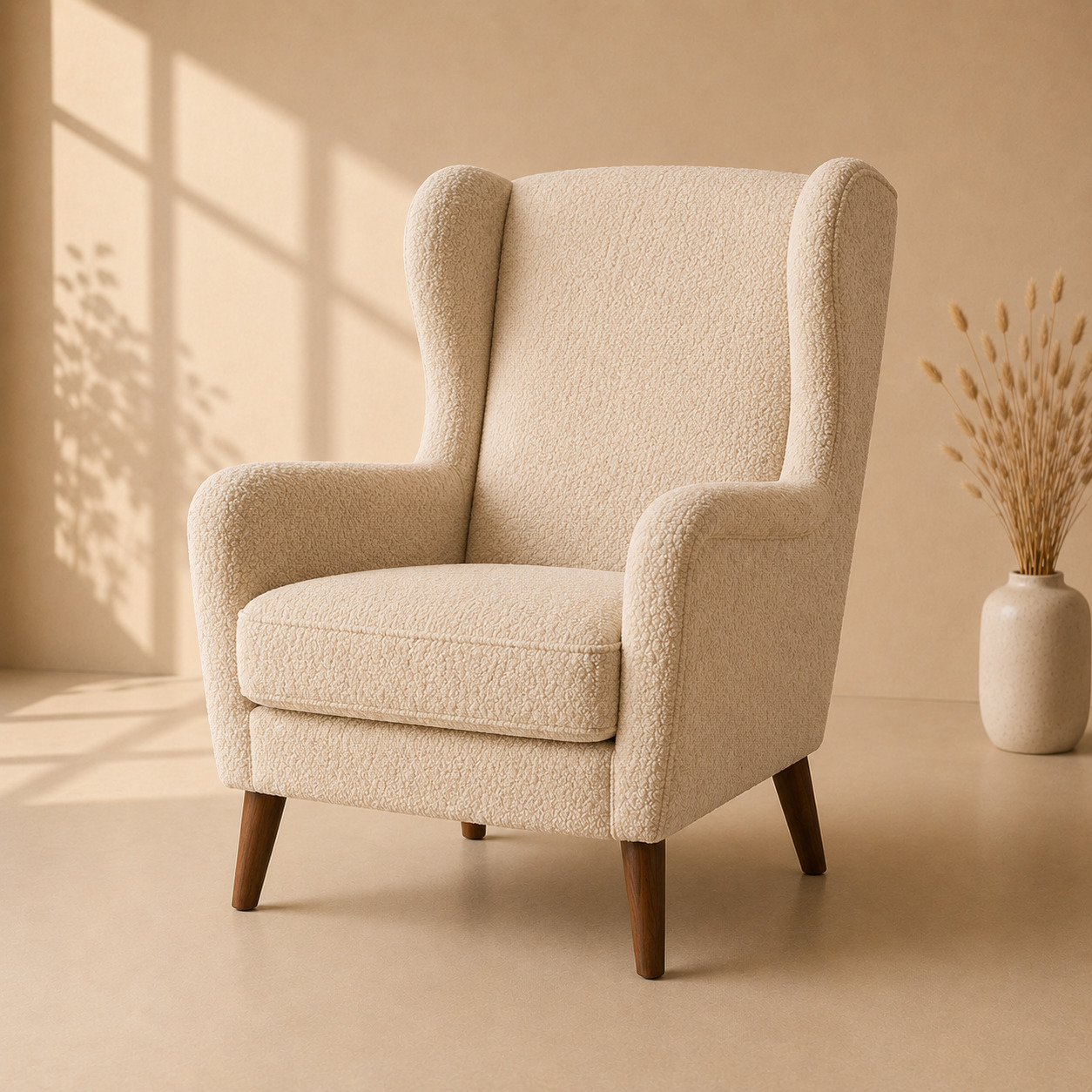 Kreslo – qanotli (wingback), bukle mato, bej (78×82×105 sm)