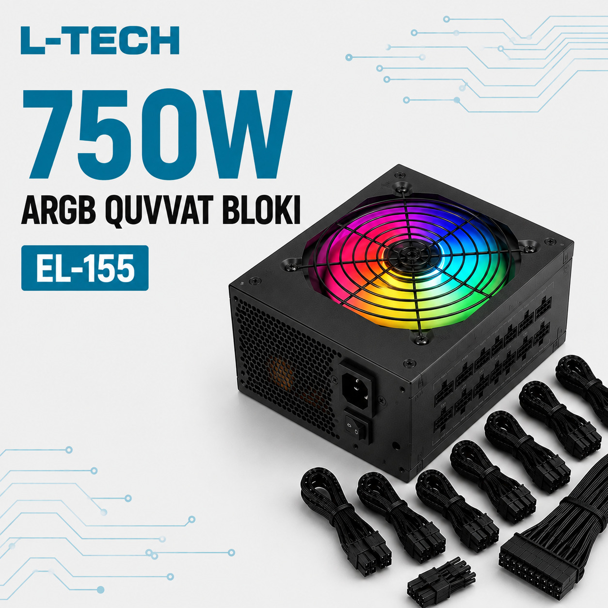 L-TECH 750W ARGB Quvvat Bloki | 80 PLUS Gold | to‘liq modulli