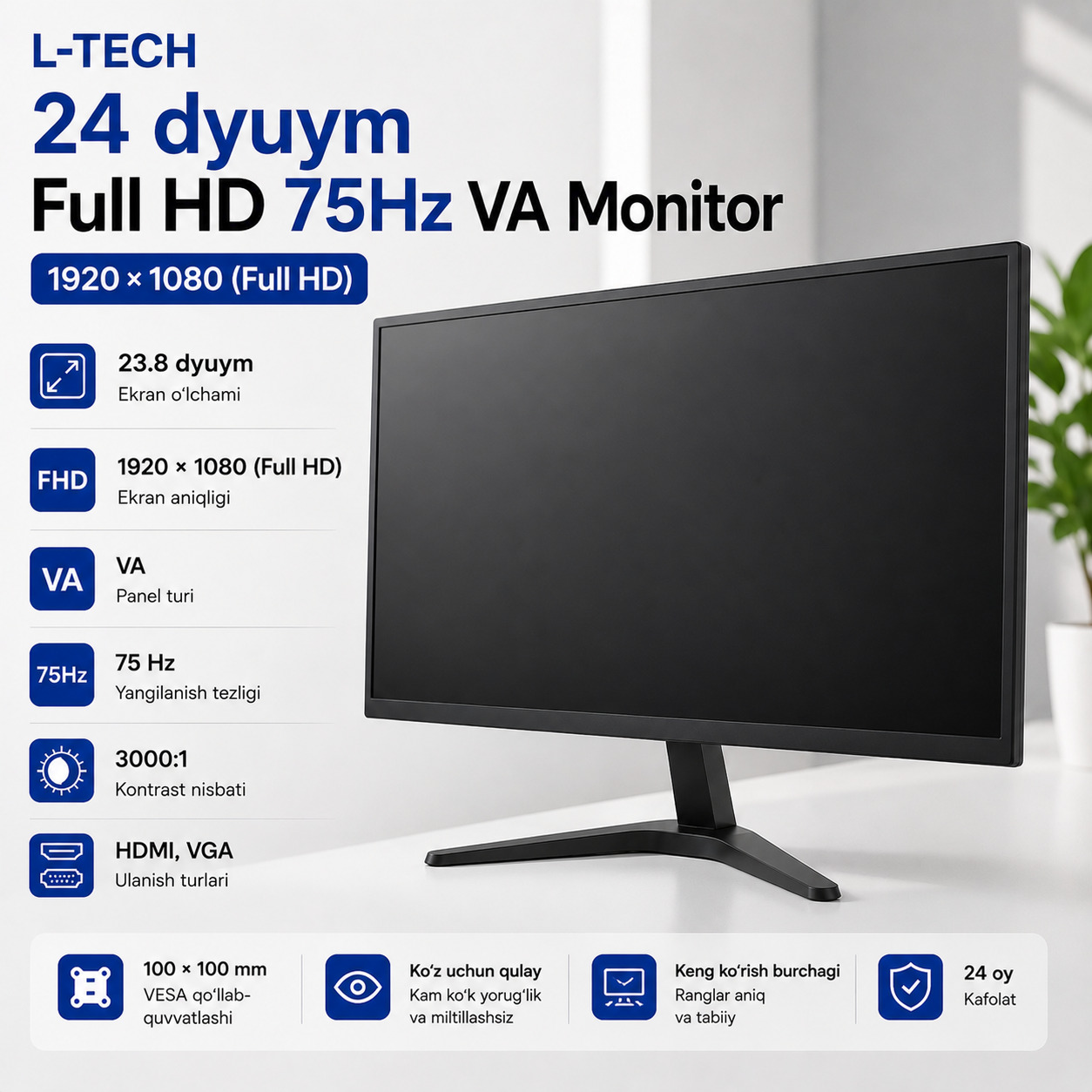 L-TECH 24 dyuym Full HD 75Hz VA Monitor