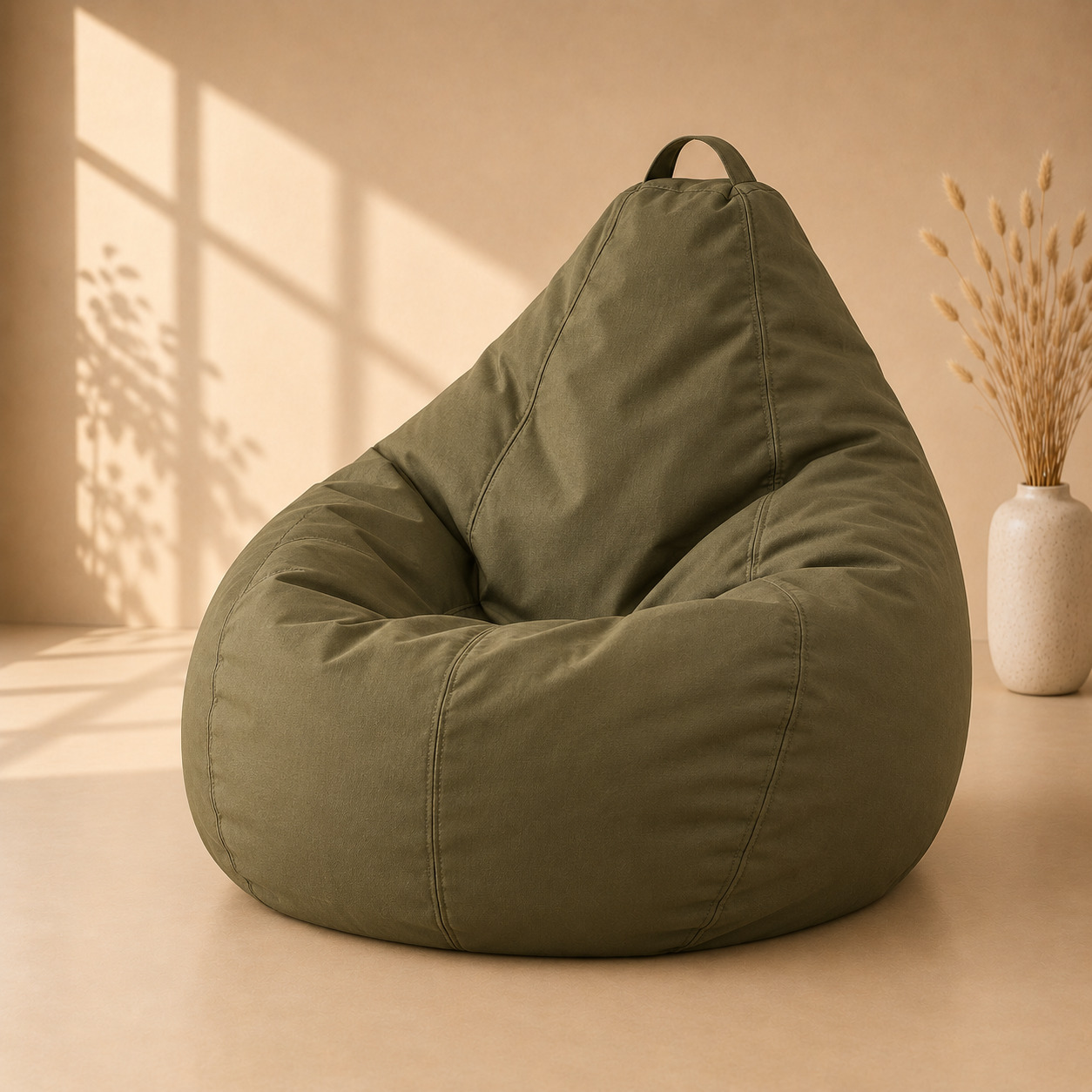 Kreslo-qop (bean bag) – katta, suv o‘tkazmaydigan mato, xaki (90×90×110 sm)