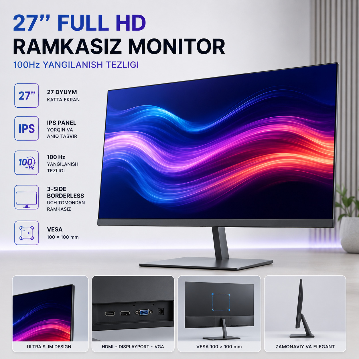 L-TECH 27 dyuym Full HD 100Hz Ramkasiz Monitor
