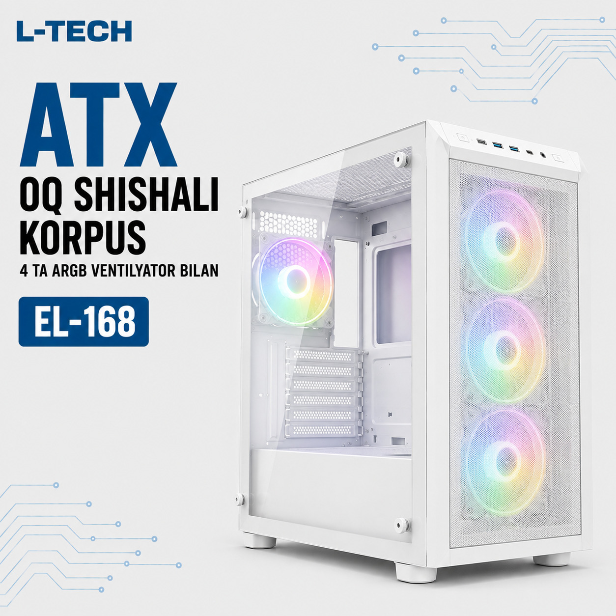 L-TECH ATX Oq Shishali Korpus | 4 ta ARGB ventilyator bilan