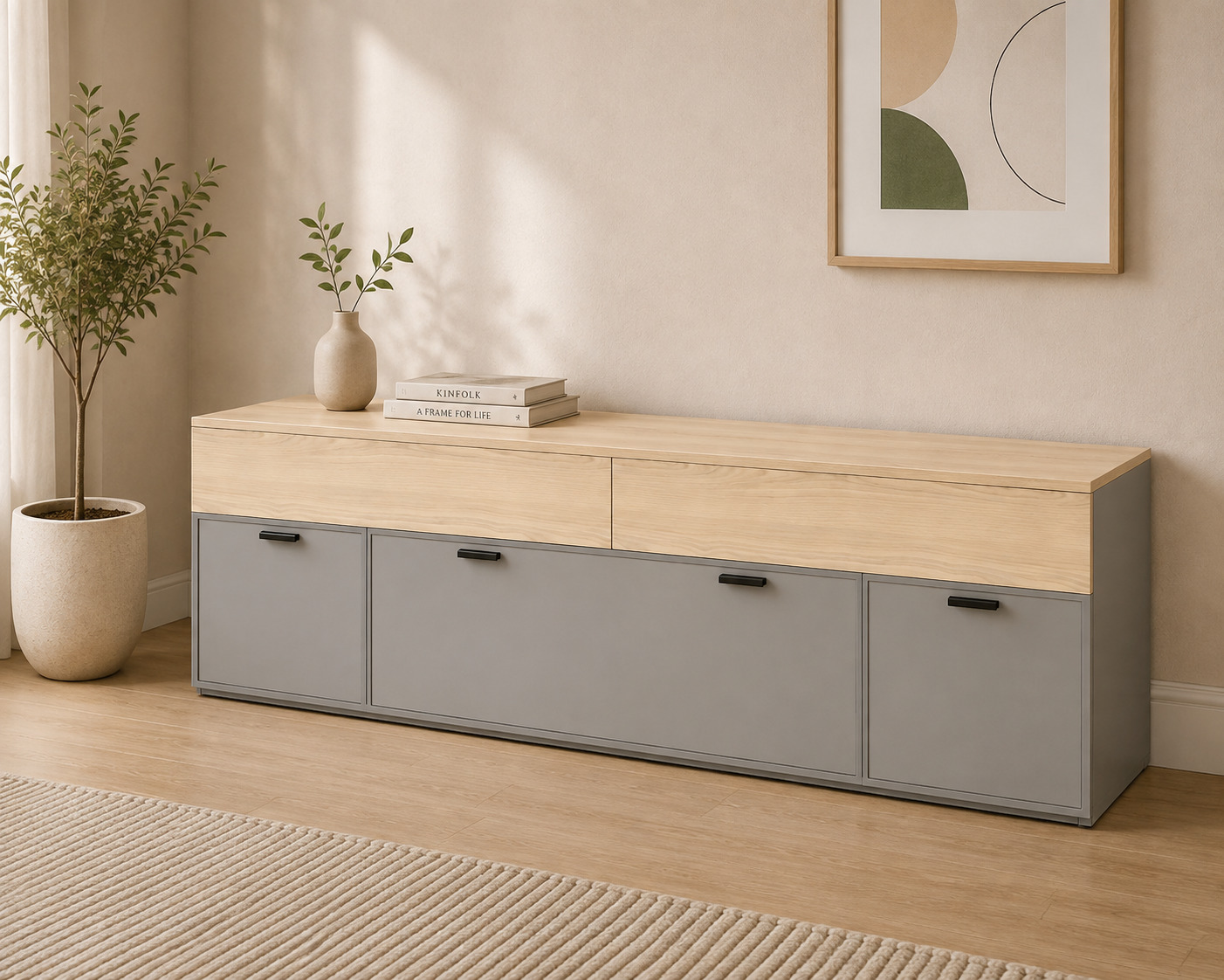 Poyabzal tumbasi – uzun, 2 tortma va 3 klapan bo‘limli, dub va kulrang (180×35×55 sm)