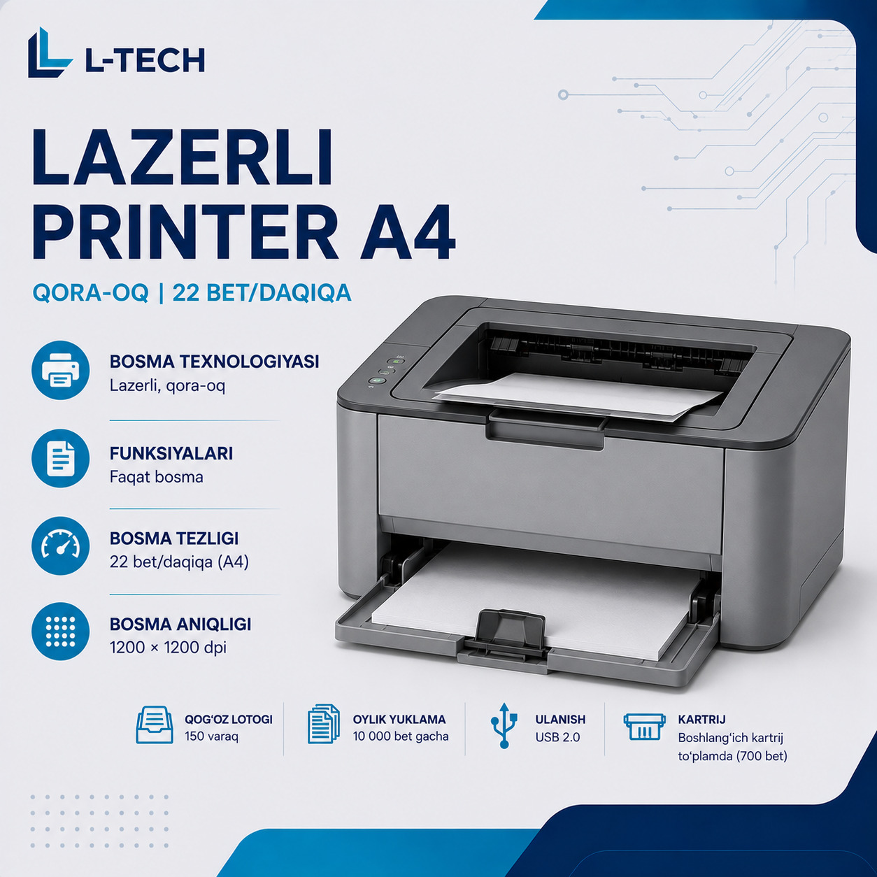 L-TECH Lazerli Printer A4 | qora-oq | 22 bet/daqiqa