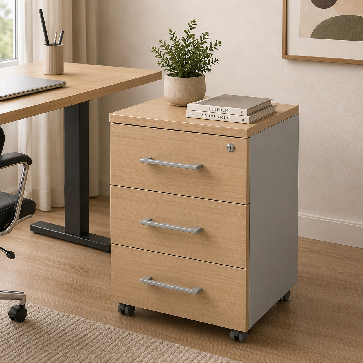 Ofis tumbasi – g‘ildirakli, 3 tortmali, qulfli, och dub va kulrang (45×55×65 sm)