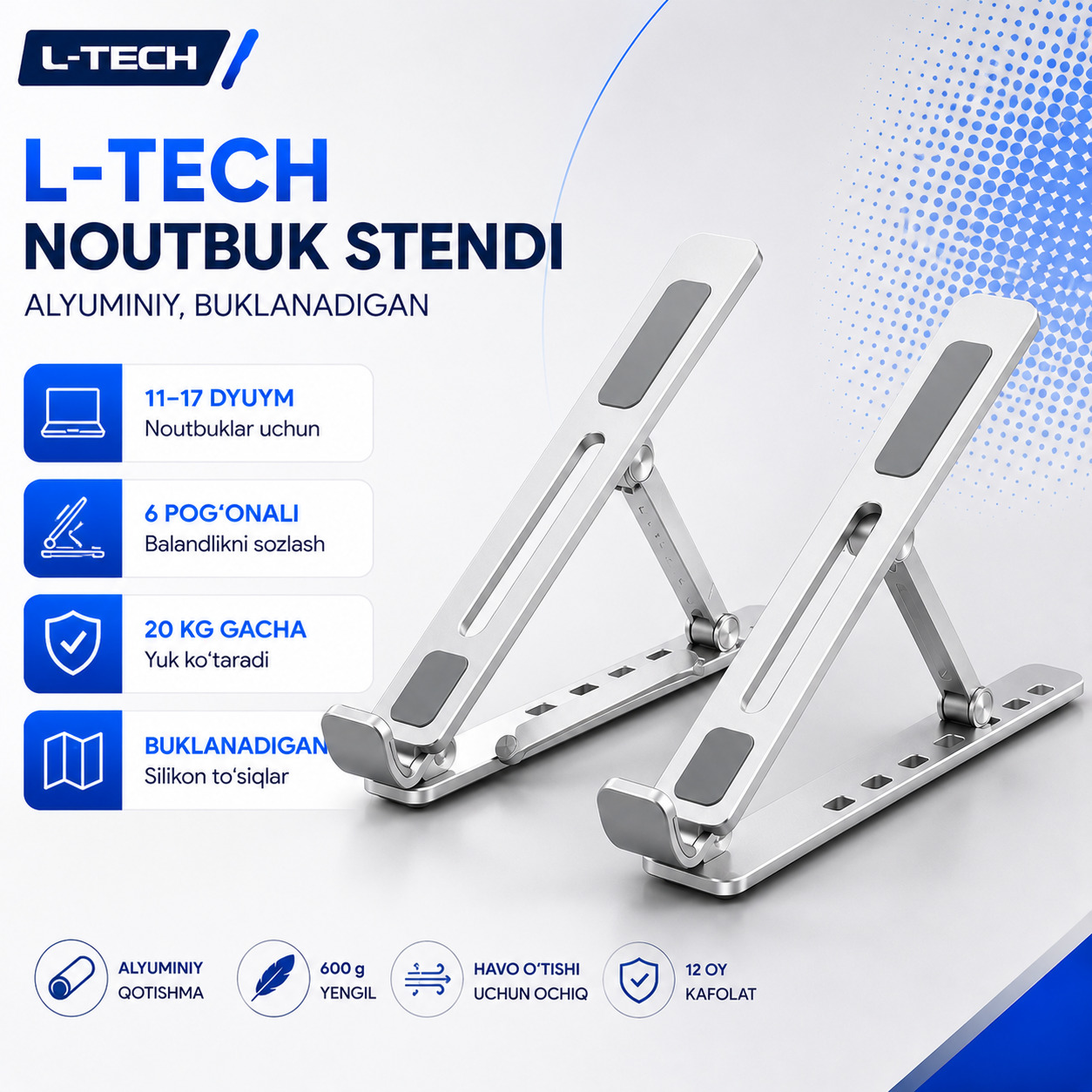 L-TECH Noutbuk Stendi | alyuminiy, buklanadigan