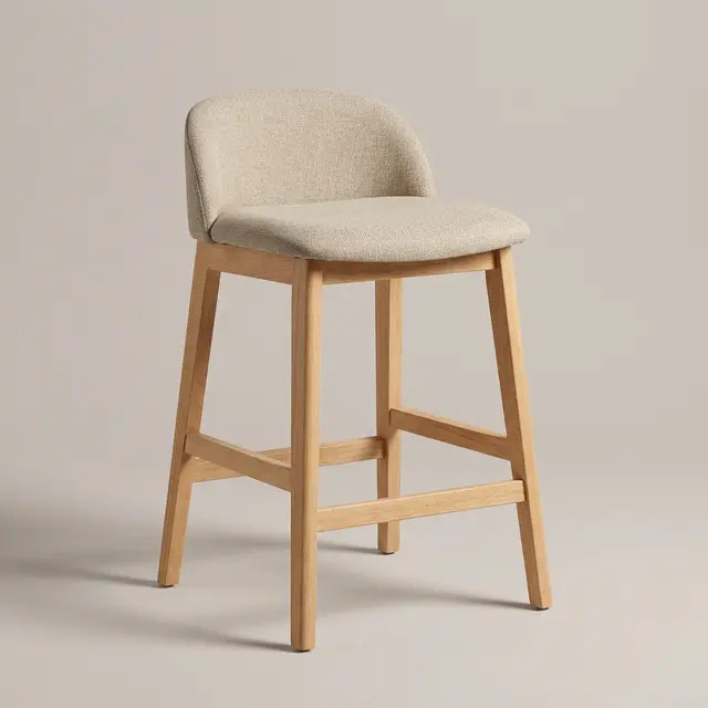 Bar stuli – yog‘och oyoqli, mato o‘rindiq, bej (42×45×102 sm)