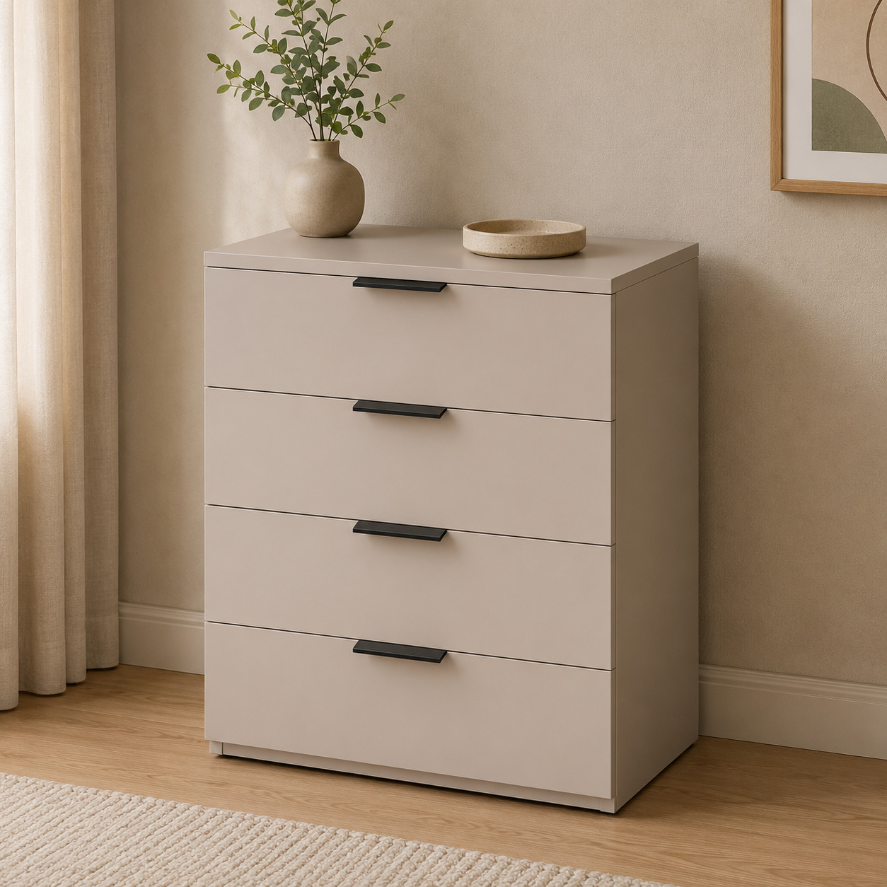 Komod – tor, 4 tortmali, taupe, qora tutqichlar (80×45×95 sm)